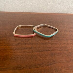 Set of Two Square Coral/Turquoise Enamel and Gold Metal Bangle Bracelets!